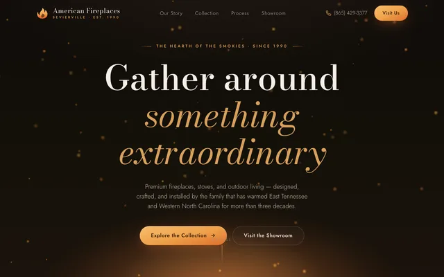 American Fireplaces website — dark, ember-lit hero reading 'Gather around something extraordinary'