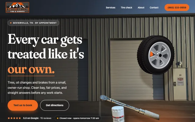 Blessed Beginnings Tire & Service website: the shop's roll-up door and a tire beside the headline 'Every car gets treated like it's our own'