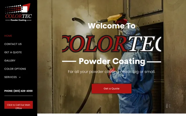 Colortec Powder Coating website — technician spraying a part in the coating booth