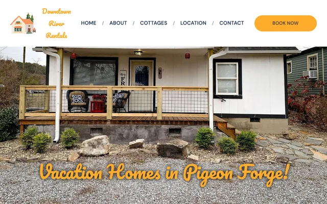 Downtown River Rentals website — cottage porch photo under 'Vacation Homes in Pigeon Forge'