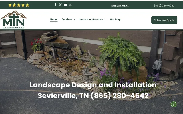Mountain Landscapers website — deep green hero with serif headline 'Landscaping Sevierville'