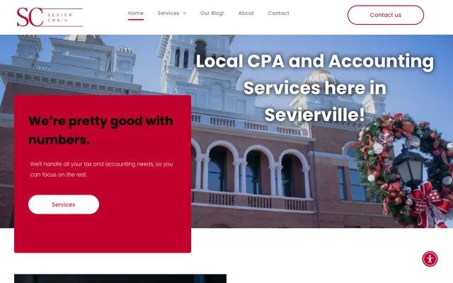 Sevier CPAs website — courthouse photo behind 'Local CPA and Accounting Services here in Sevierville'