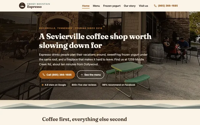 Smoky Mountain Espresso website — warm coffee shop home page for Sevierville